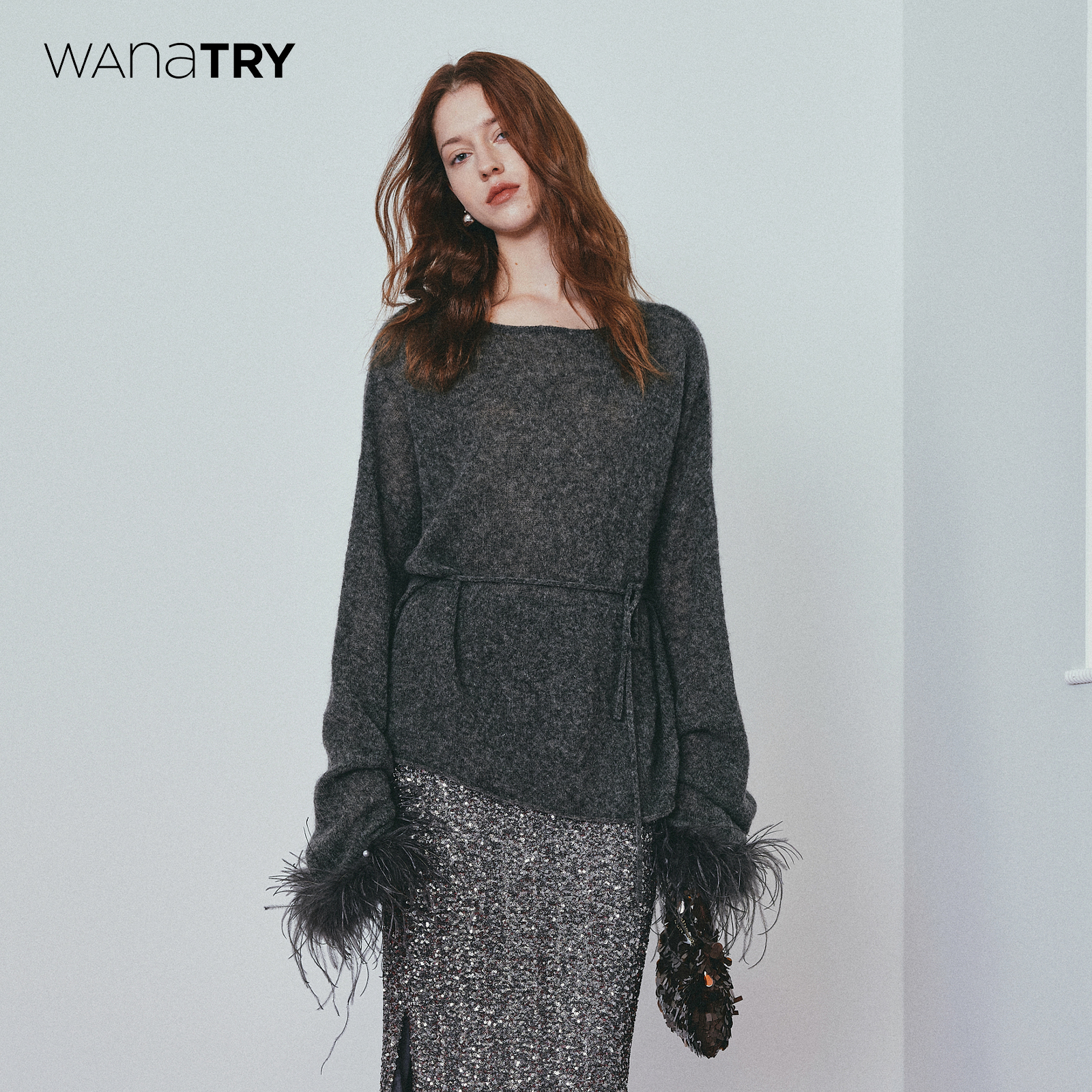 wanatry鸵鸟毛袖口高级感针织衫