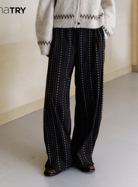 【明星同款】wana try条纹小花阔腿裤25早秋新品深棕色粉紫休闲裤