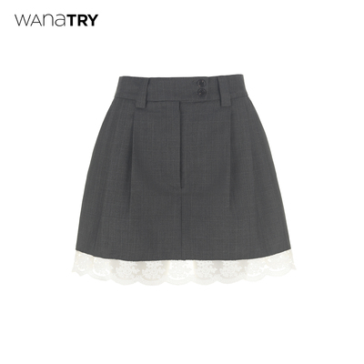 wanatry灰色俏皮蕾丝格纹短裙女