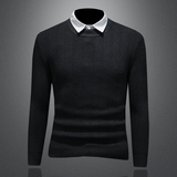 2025秋冬毛衣假两件条纹衬衫领针织毛衣打底衫D316-8205-P100，男装针织衫/毛衣，电商D316