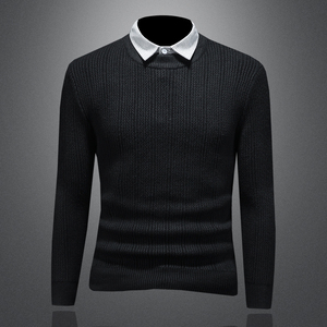 2025秋冬毛衣假两件条纹衬衫领针织毛衣打底衫 D316-8205-P100,男装针织衫/毛衣,电商D316