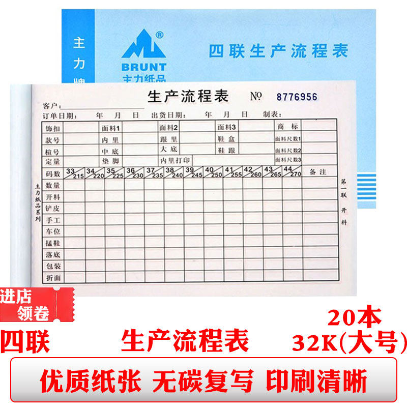 主力569四联生产流程表32k大号手写无碳复写4联服装工厂设计单