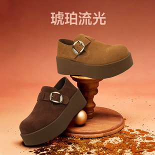 红粉知己复古风反绒皮勃肯鞋女2026春季新款厚底增高圆头休闲单鞋