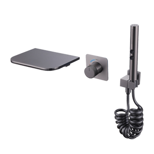 pcooy枪灰全铜暗装预埋入墙出式瀑布花洒浴缸边冷热龙头黑色喷枪