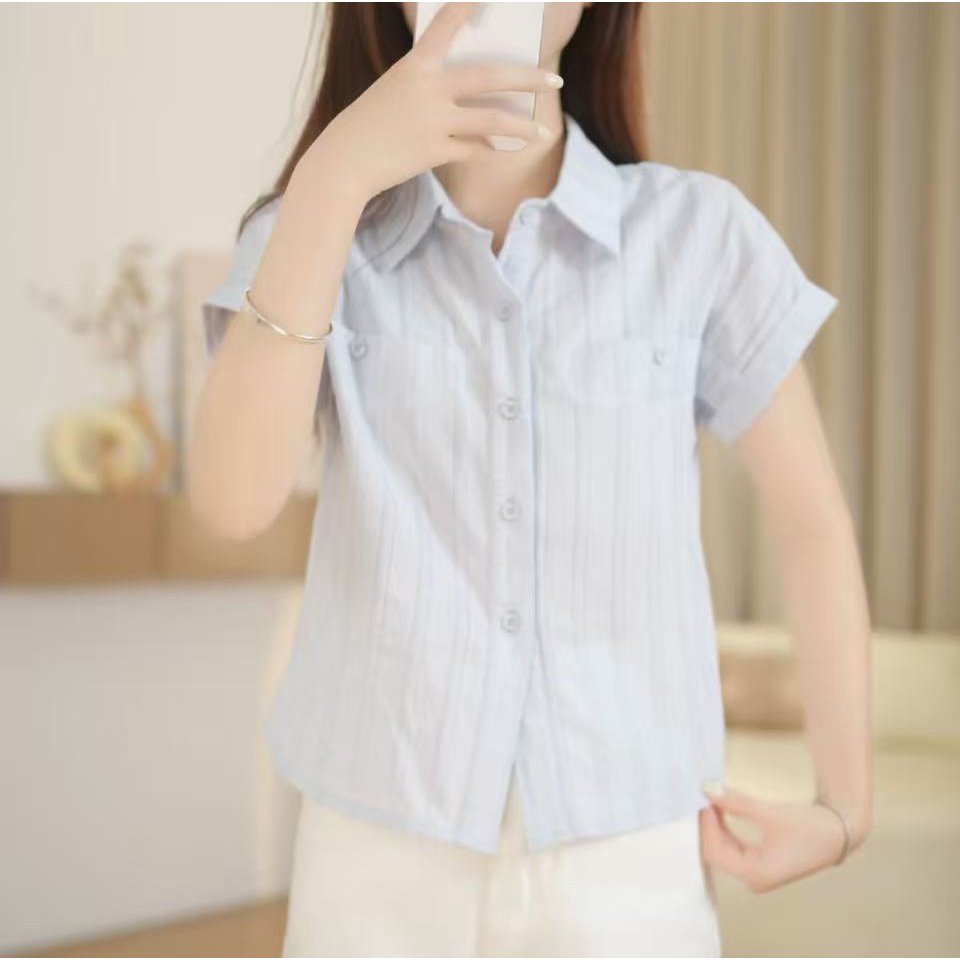 <汤汤>小个子正肩条纹短袖衬衫女新款夏季修身显瘦上衣
