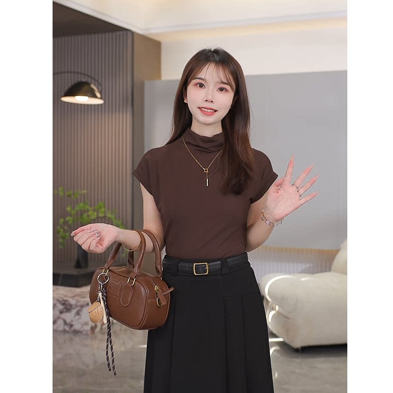 ＜汤汤＞小个子半高领短袖打底衫女春季内搭外穿修身上衣