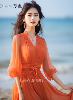 橙色连衣裙雪纺长裙五分袖大摆裙收腰显瘦好看漂亮裙子海边沙滩裙