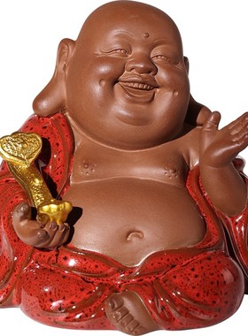 陶瓷可爱弥勒佛像摆件家居客厅茶室桌面禅意摆设男士车内装饰用品