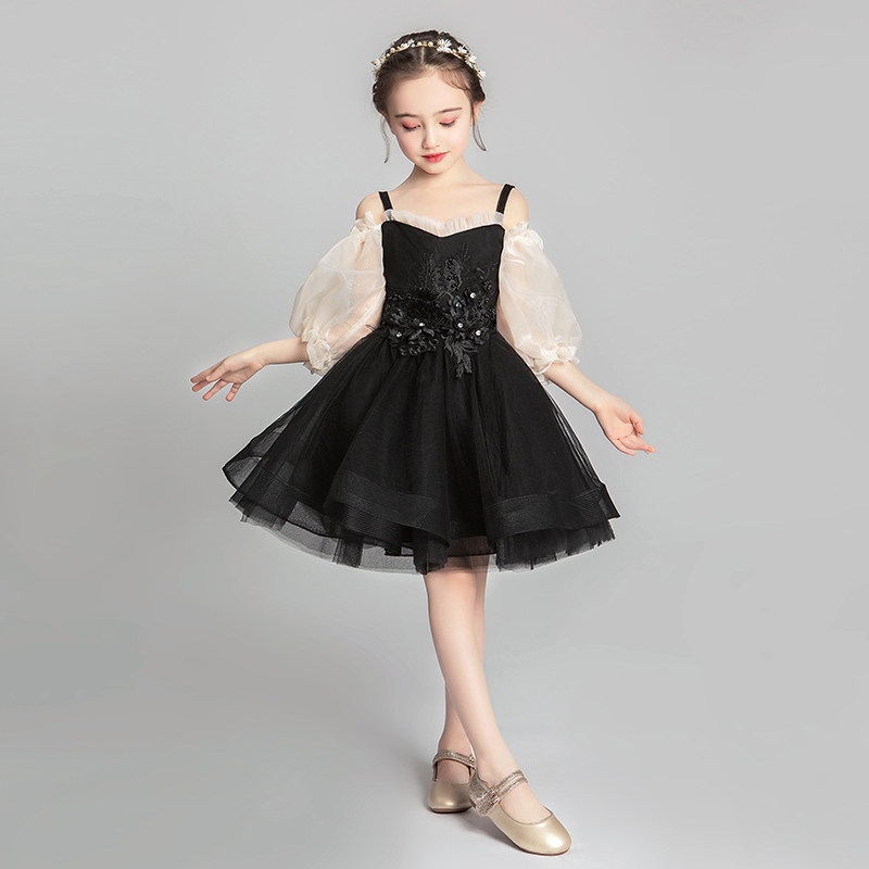 女童晚礼服儿童公主裙蓬蓬纱小女孩模特走秀演出服高端黑洋气秋装