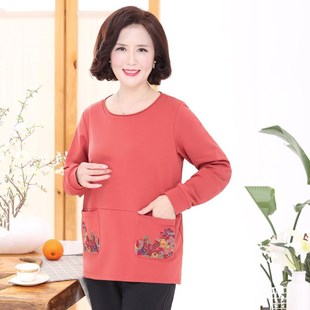 中老年女装秋装长袖t恤衫加肥加大码上衣外套妈妈装宽松纯棉卫衣5