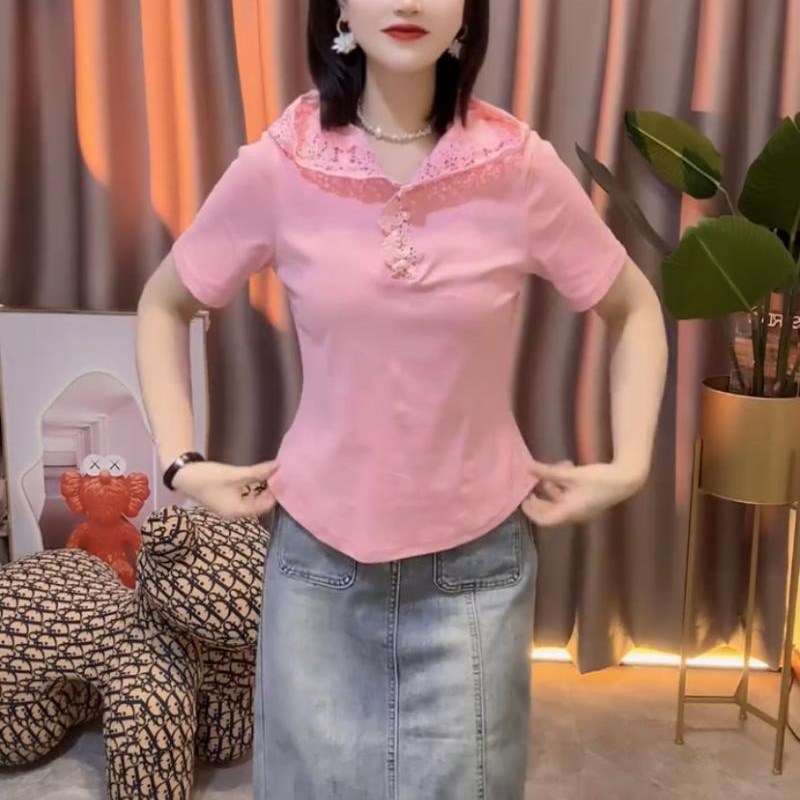 2024夏韩版蕾丝连帽短袖T恤女修身显瘦半袖打底衫百搭洋气上衣潮