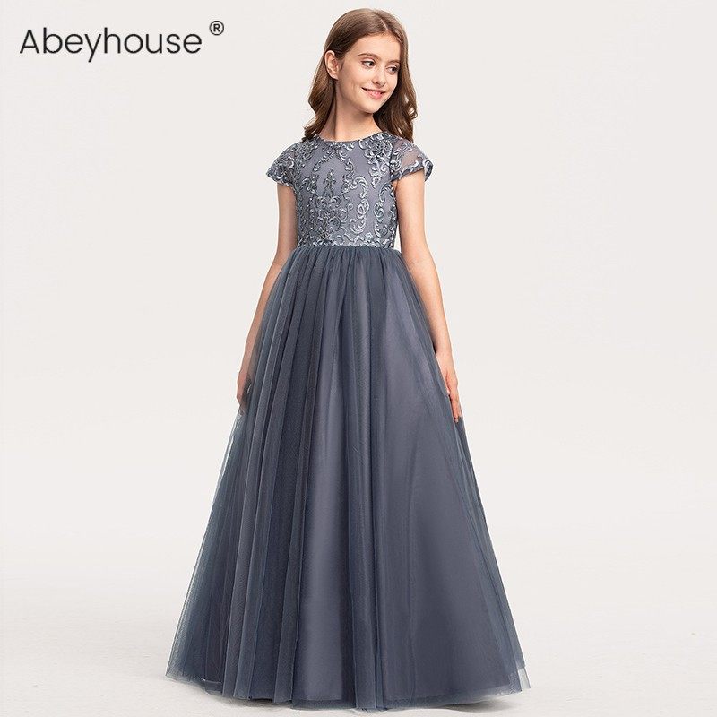 儿童高档晚礼服女童长款钢琴演出服中大童金属灰主持人走秀蓬蓬纱