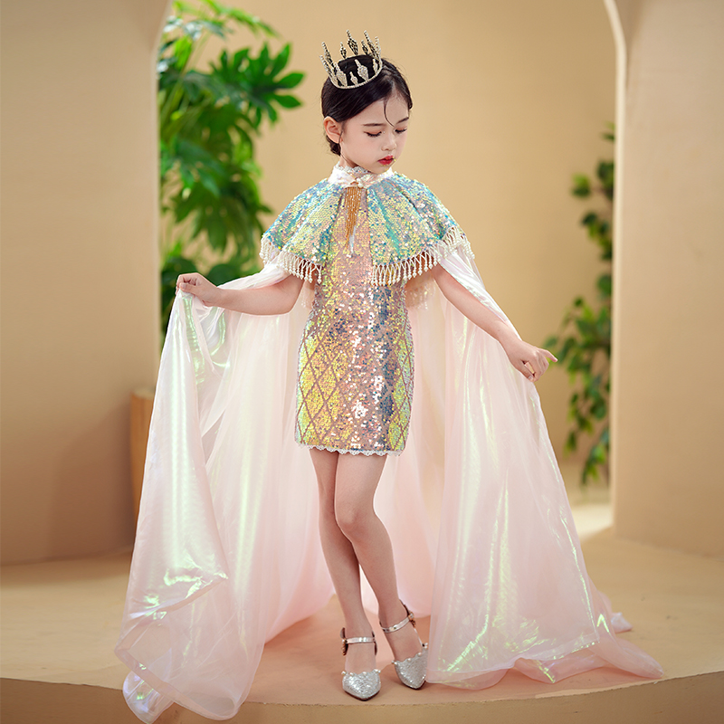 儿童走秀礼服国潮女童模特表演高端时尚主持人亮片舞台钢琴演出服