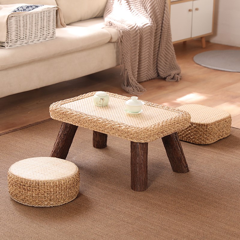 藤编桌子日式榻榻米小茶几飘窗简约阳台矮桌茶道圆形实木禅意桌