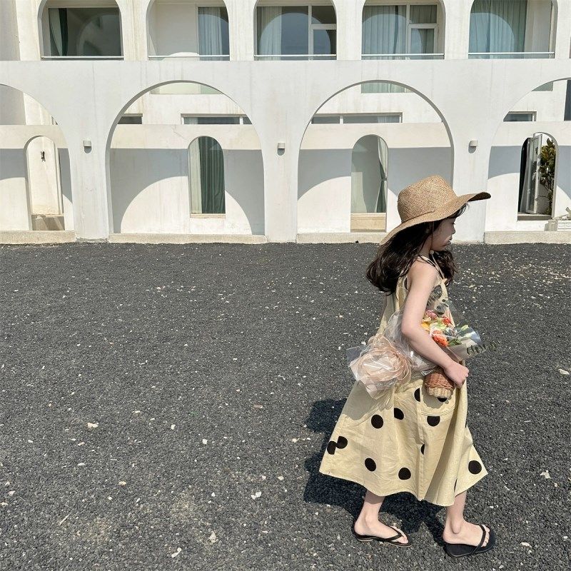 米素童装夏季新款沙滩海边气质长裙女童波点无袖洋气挂脖连衣裙子