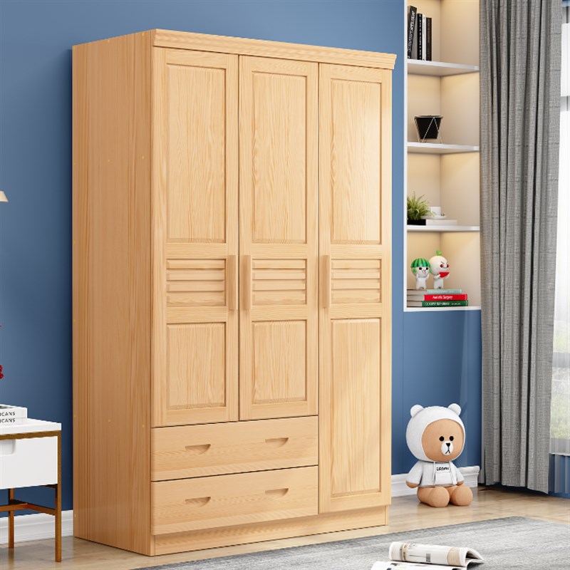 中式实木衣柜两三门原木环保儿童成人衣橱带抽屉新西兰松收纳经济