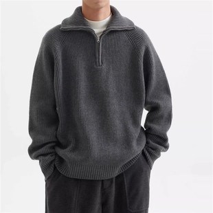 上衣外套 日系复古高领半拉链毛衣男宽松休闲polo领套头卫衣针织衫