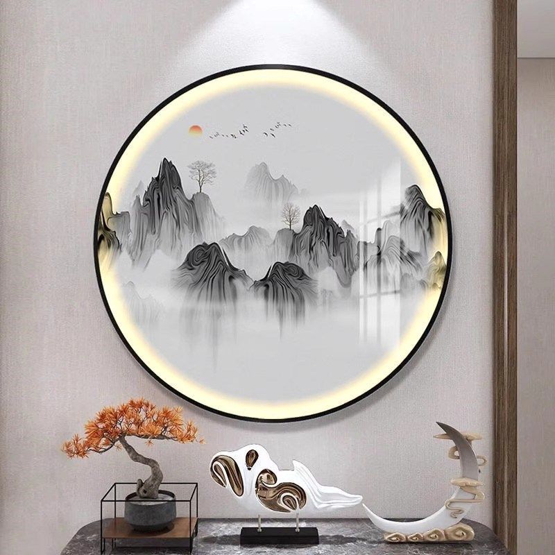 壁灯新中式玄关高端装饰画山水禅意茶室挂画LED发光灯画圆形壁画,家居饰品,氛围画/灯画,淘宝优惠券,粉丝福利购,淘宝优惠卷