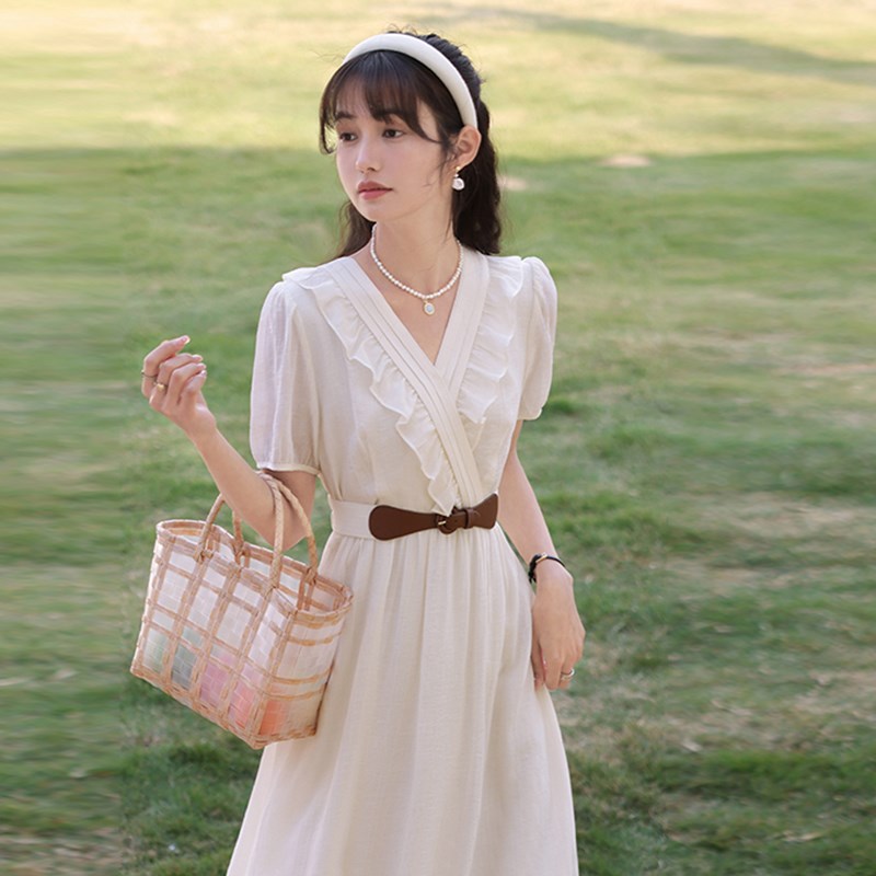 送腰带 有内衬 法式夏季气质v领连衣裙女2024春夏短袖裙子6805