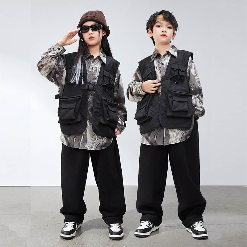 男女童潮酷街舞服机能多口袋马甲工装衬衫套装嘻哈少儿演出服套装
