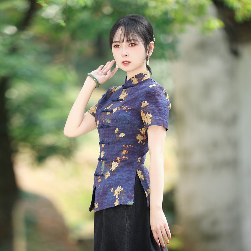 筠雅唐装女装中国风旗袍上衣夏季新款复古时尚收腰显瘦茶服24J116