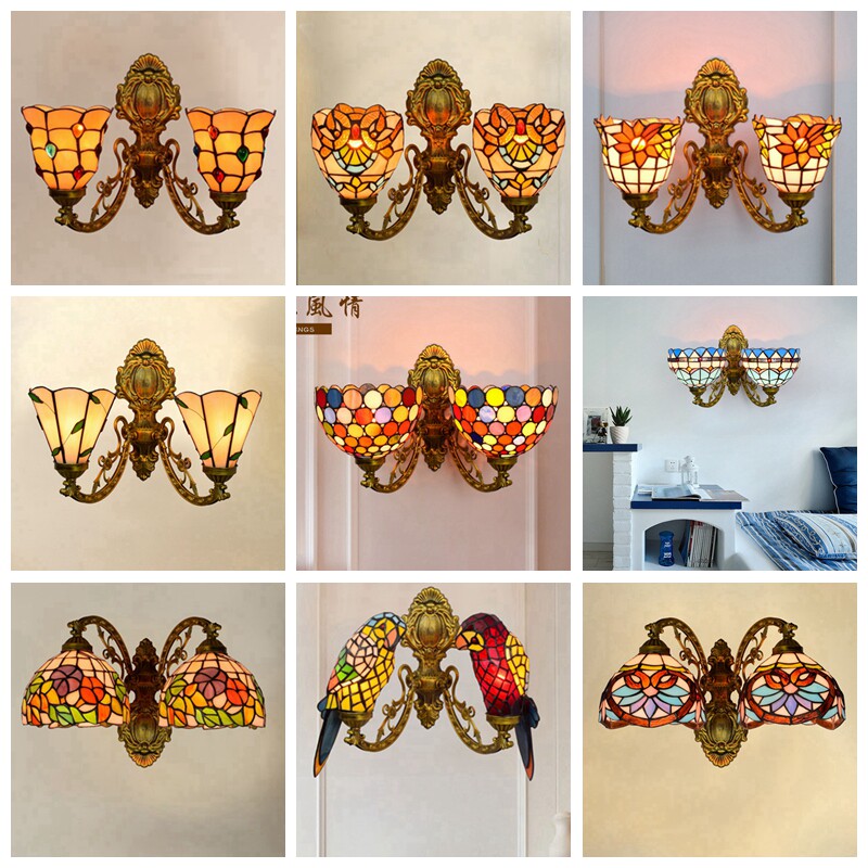地中海酒吧客餐厅卧室床头走廊浴室茶室壁灯欧式复古彩色玻璃美式