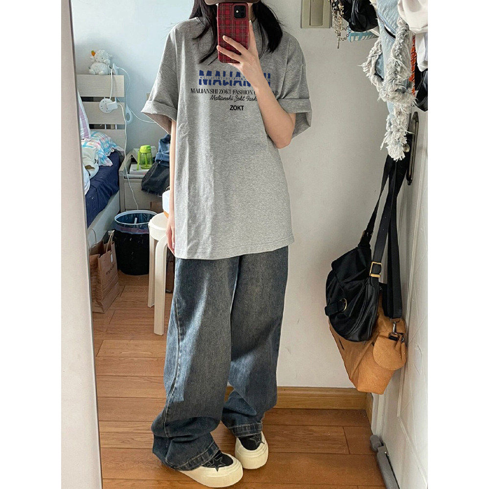 纯棉夏季灰色短袖T恤女2026新款爆款正肩宽松慵懒风美式潮牌上衣
