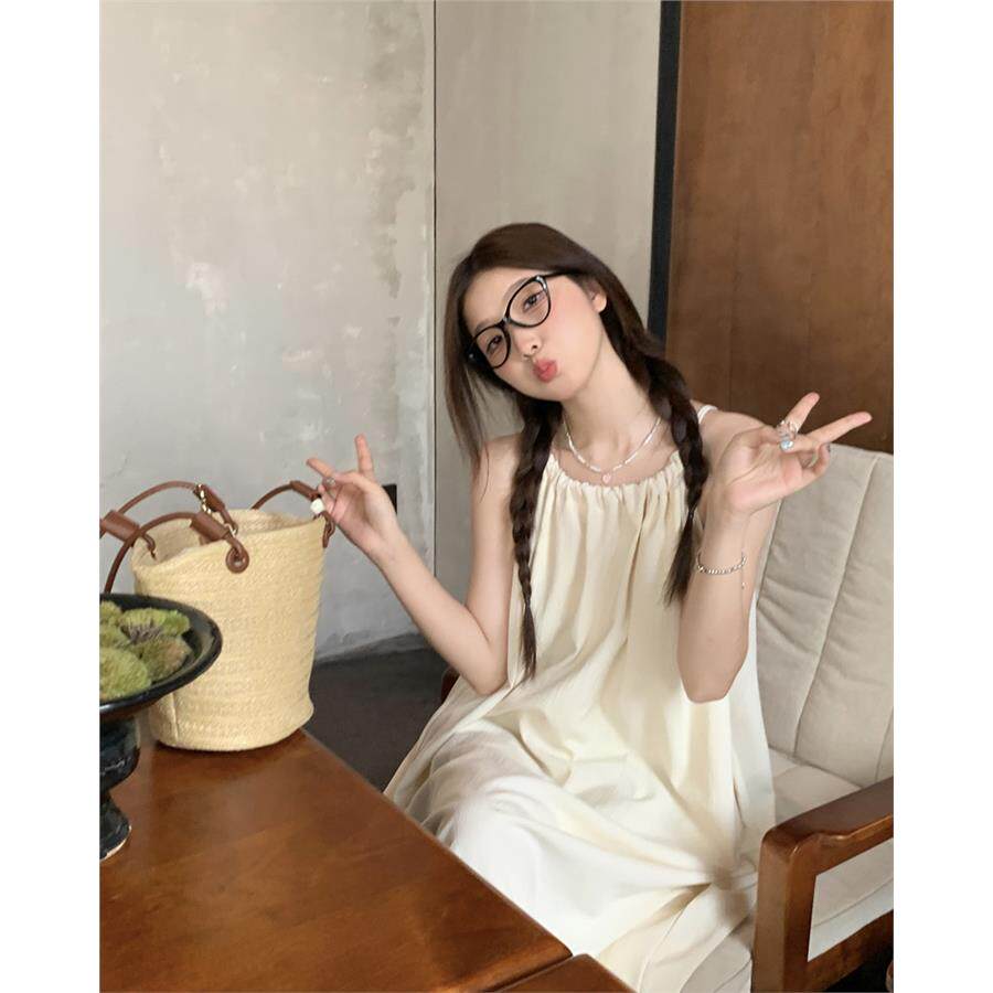杏色无袖挂脖连衣裙 慵懒风法式长裙 夏季纯色休闲A字裙