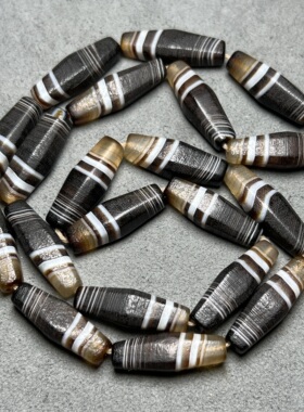 天然黑白咖缠丝玛瑙八棱勒子天珠手链西亚缠丝老玛瑙桶珠手链配饰