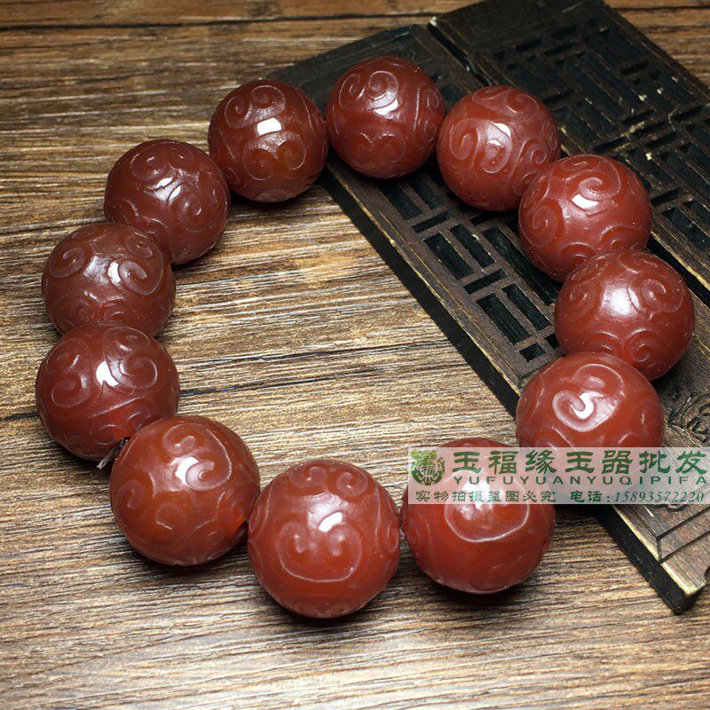 天然玛瑙原石老珠子玛瑙回纹20圆珠手链 文玩复古老玛瑙玉髓手串