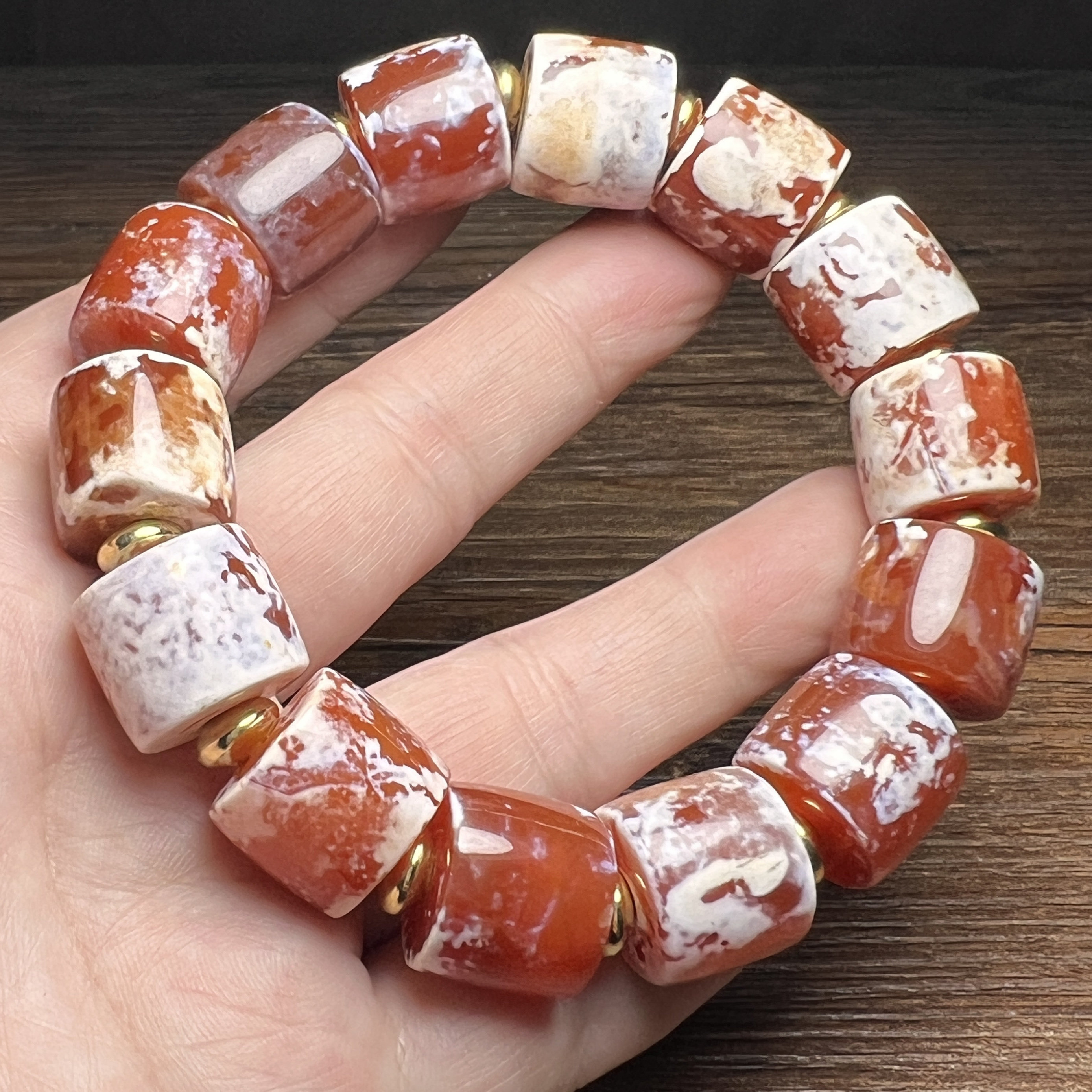 古玩杂项珍藏老玛瑙白沁鸡骨白灰皮直切车轮珠手链算盘珠配饰珠串