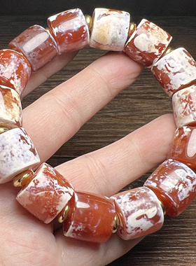 古玩杂项珍藏老玛瑙白沁鸡骨白灰皮直切车轮珠手链算盘珠配饰珠串