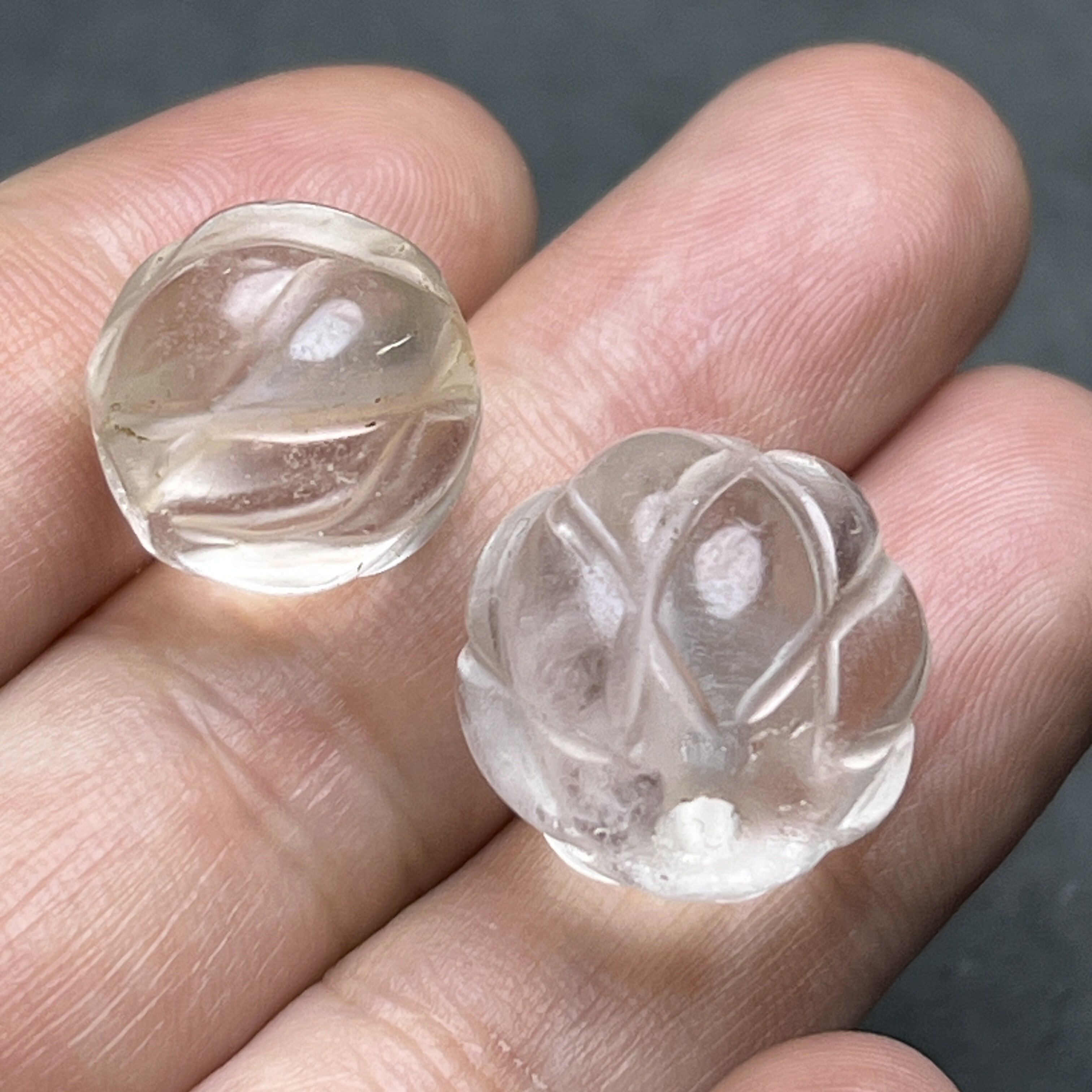 古玩包浆天然老白水晶莲花珠麻花珠圆珠雕刻花手链项链吊坠隔珠