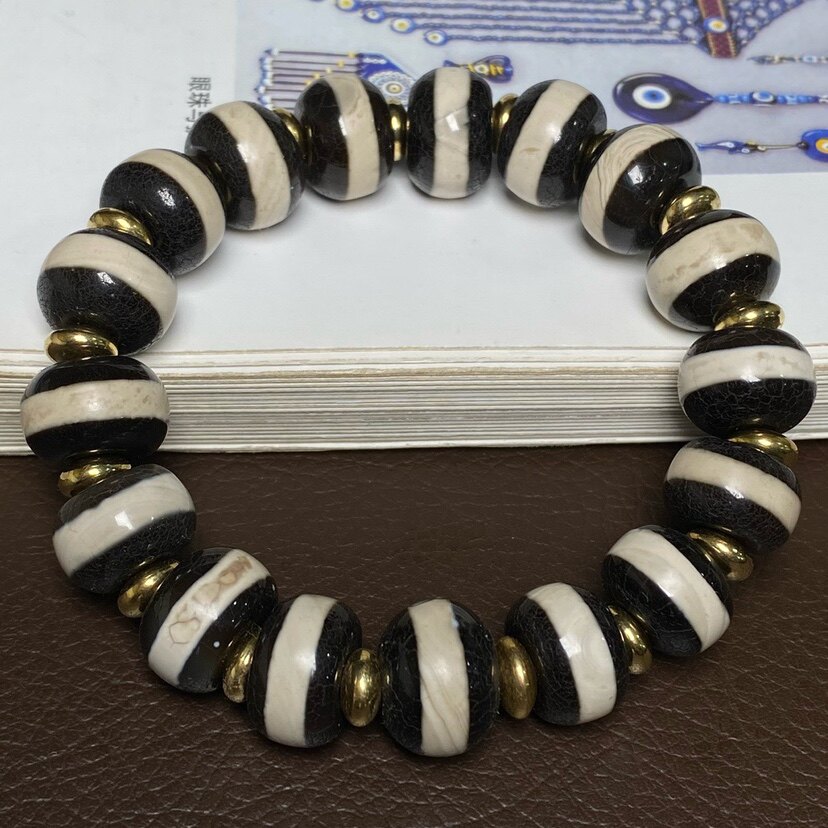 橘皮纹老玛瑙一线药师珠算盘珠手串车轮珠手链黑白天珠男女款手饰