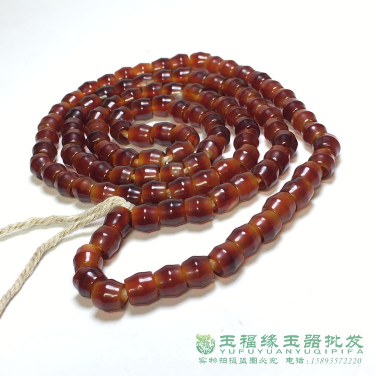 西亚酒红色大孔玛瑙竹节老珠子