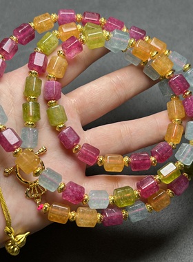 巴西水晶冰种纯糖果色彩红碧玺色水晶老型六棱珠多宝项链手链佛珠