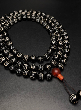 古玩收藏天珠风化老玛瑙黑白大鹏鸟圆珠108颗佛念珠项手链串文玩