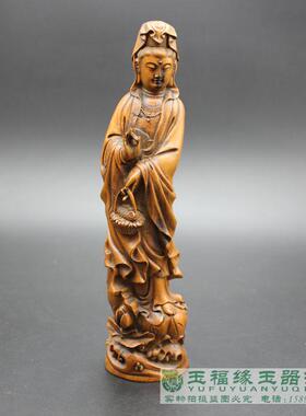 仿古黄杨木提篮拿鱼观音菩萨小摆件老木雕佛像摆件古玩木雕件