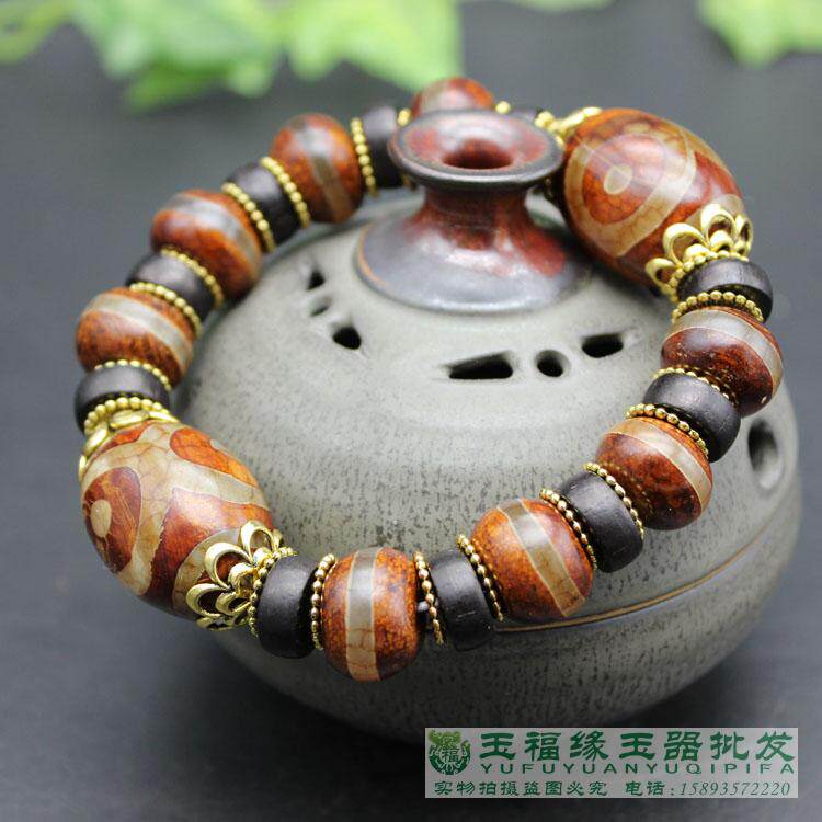 复古西藏老天珠原石三眼一线药师天眼蚕丝玛瑙男士手链石头女手串