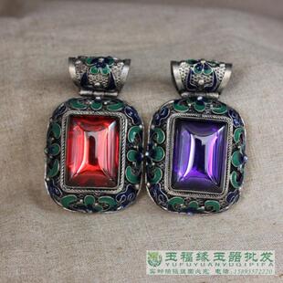 古董收藏品足银包玉吊坠景泰蓝珐琅彩镶嵌红蓝锆石古玩杂项老物件