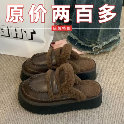 品牌鞋厚底勃肯鞋女外穿毛毛拖鞋秋冬季加绒雪地靴包头半拖鞋棉拖