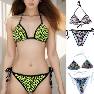 豆豆丁美式 辣妹女士度假复古比基尼豹纹性感多巴胺分体泳衣带胸垫