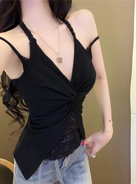 Lace Patchwork Sleeveless Top蕾丝拼接挂脖吊带一体带胸垫上衣
