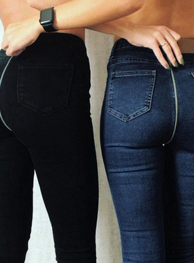Statement back zipper slim jeans女士个性后拉链款修身牛仔长裤