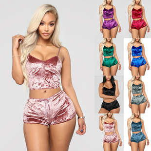Velvet V-neck suspender shorts suit 女士丝绒V领 吊带短裤套装