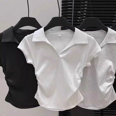 夏季V领修身抽褶收腰正肩女上衣