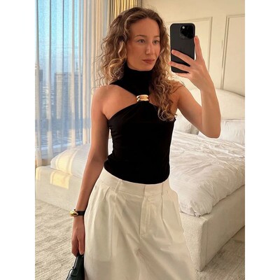 春夏气质金属环无袖露肩修身上衣