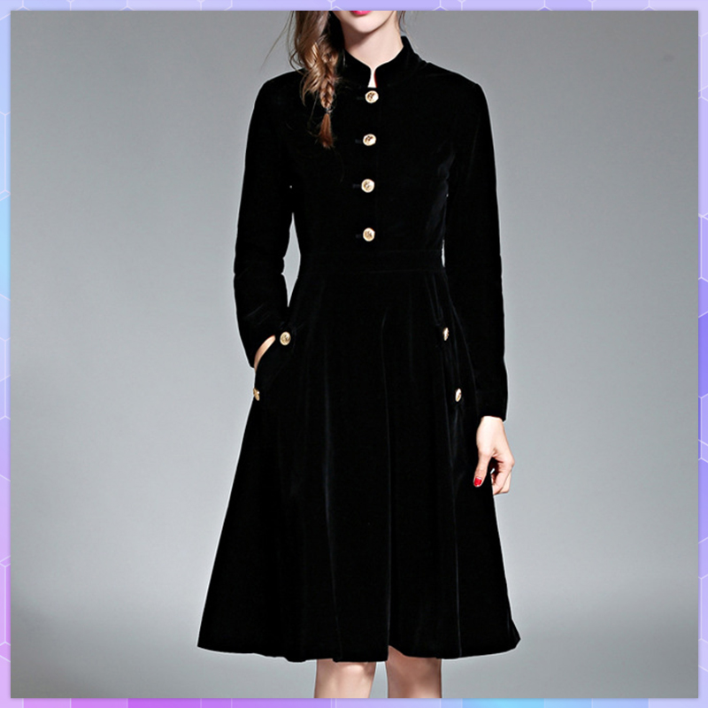 赫本风大摆型金丝绒连衣裙Hepburn-style swing gold velvet dres