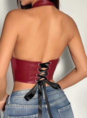 性感PU挂脖收腰上衣 PU leather off-the-neck cinched-waist top