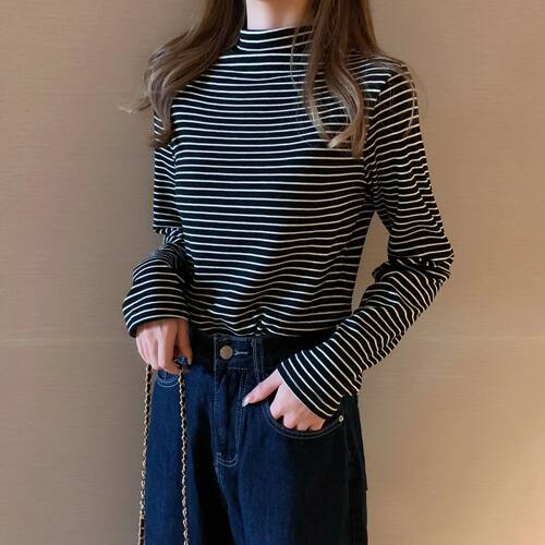 女修身显瘦长袖条纹气质T恤上衣